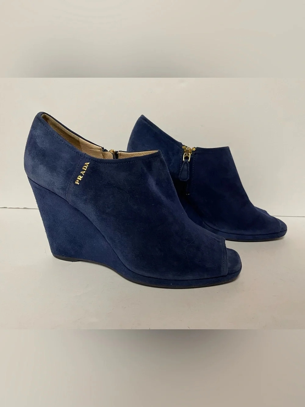 Prada Suede Peep-Toe Wedge Booties pumps blue 38